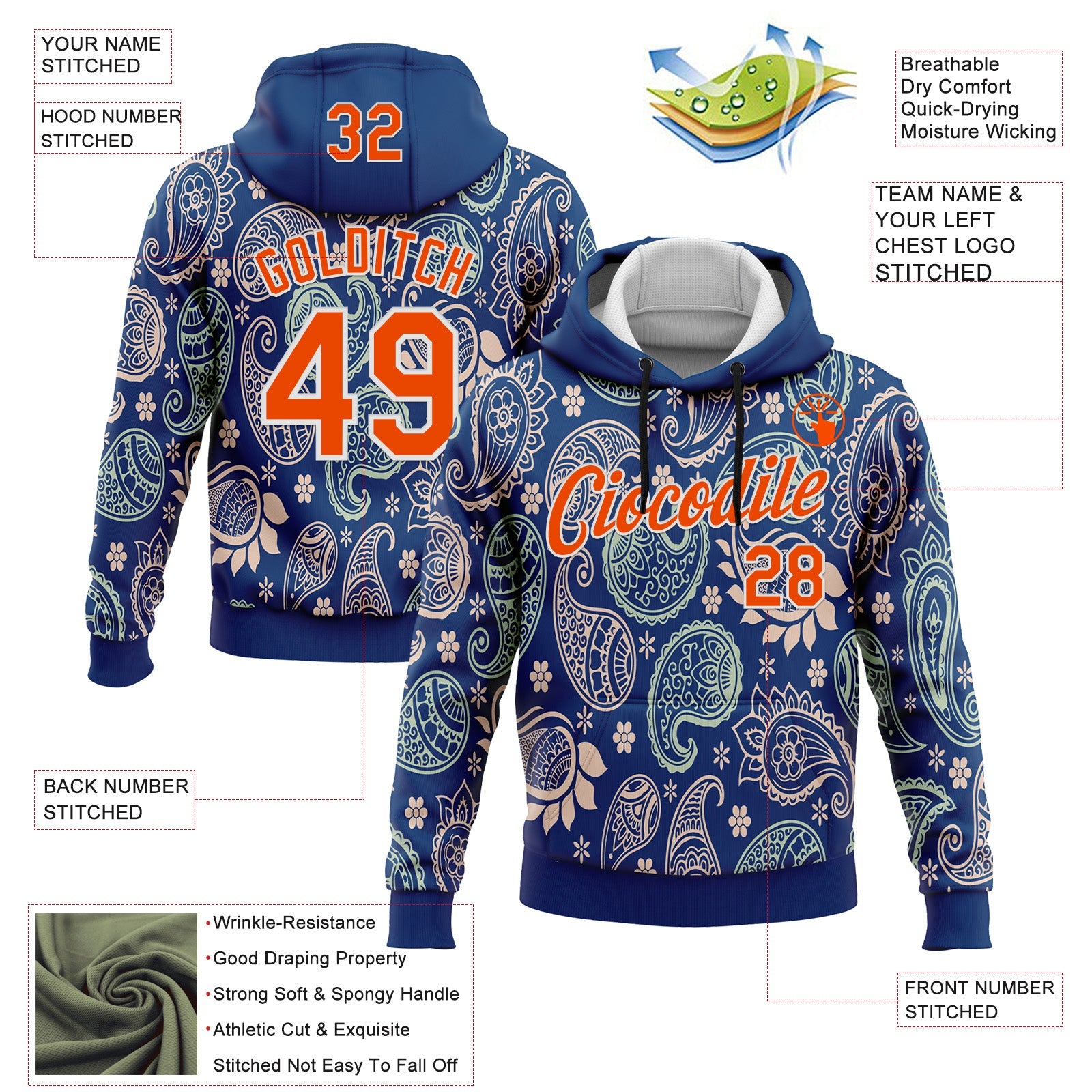 Custom Stitched US Navy Blue Orange-White 3D Pattern Design Ethnic Paisley Floral Bandana Sports Pullover Sweatshirt Hoodie view 2