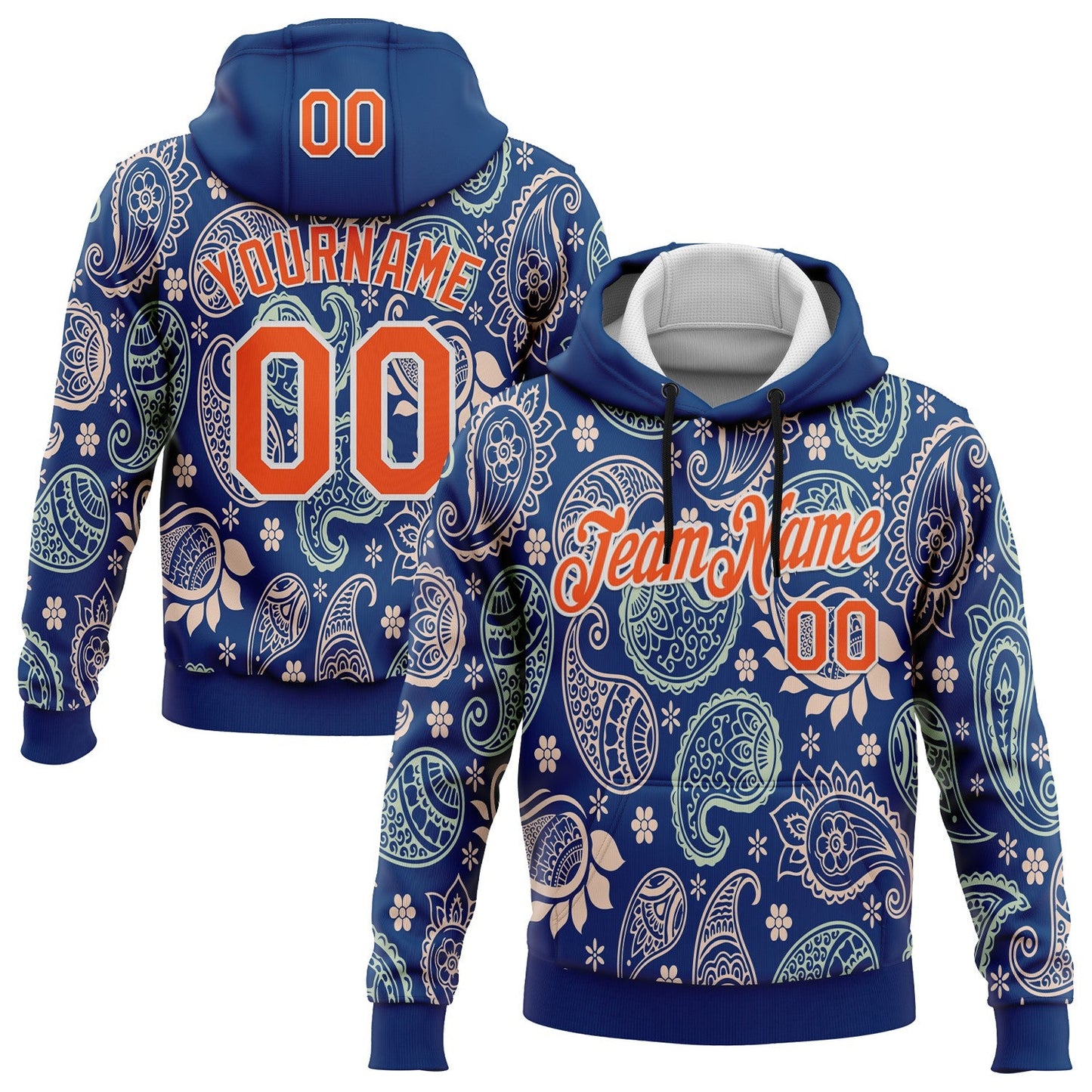 Custom Stitched US Navy Blue Orange-White 3D Pattern Design Ethnic Paisley Floral Bandana Sports Pullover Sweatshirt Hoodie - Main View