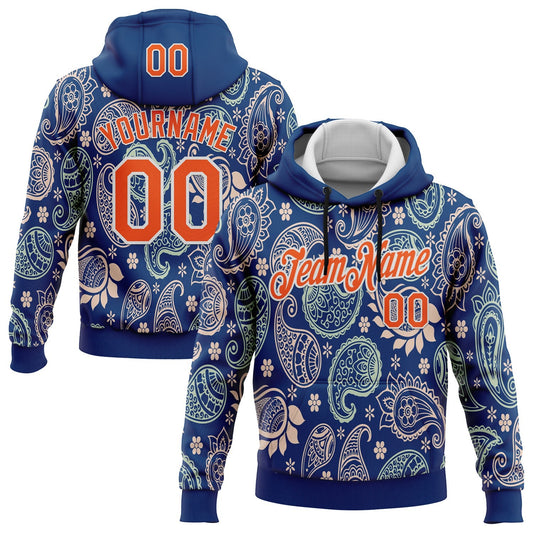 Custom Stitched US Navy Blue Orange-White 3D Pattern Design Ethnic Paisley Floral Bandana Sports Pullover Sweatshirt Hoodie - Main View