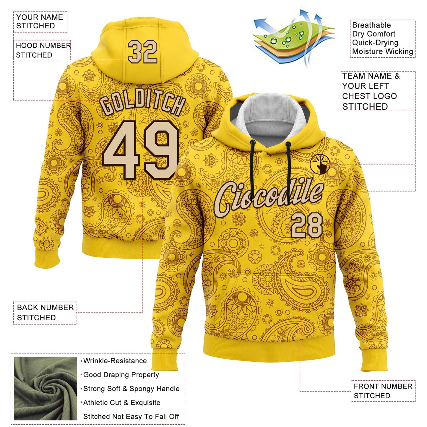 Custom Stitched Yellow City Cream-Brown 3D Pattern Design Ethnic Paisley Floral Bandana Sports Pullover Sweatshirt Hoodie view 2