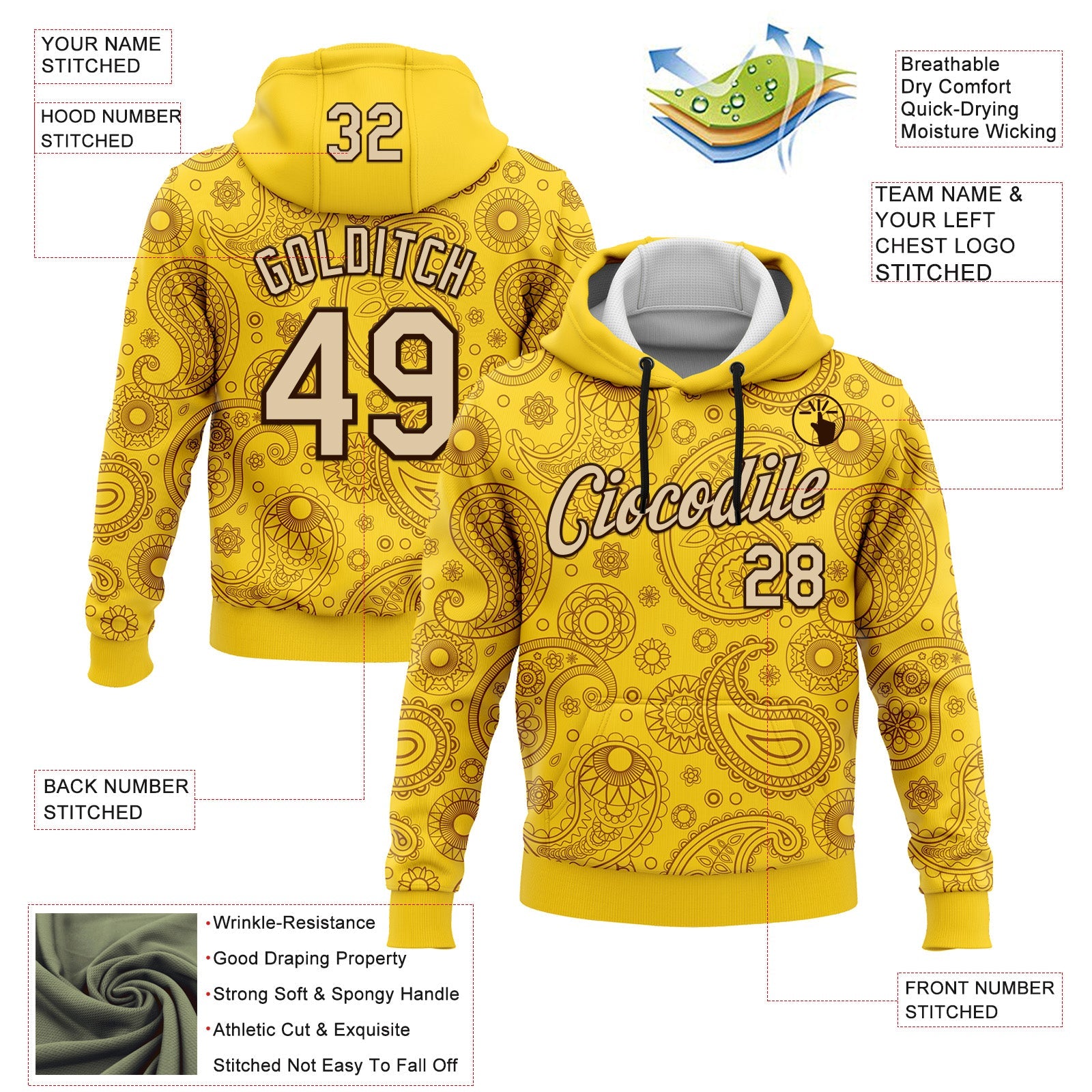 Custom Stitched Yellow City Cream-Brown 3D Pattern Design Ethnic Paisley Floral Bandana Sports Pullover Sweatshirt Hoodie view 2