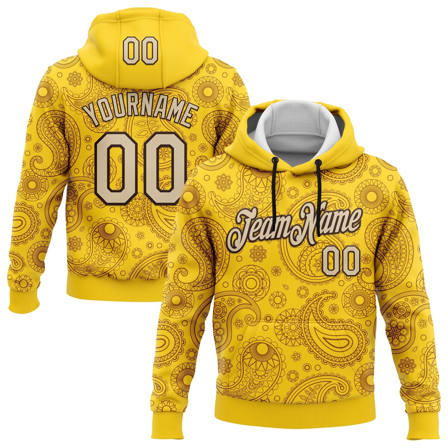 Custom Stitched Yellow City Cream-Brown 3D Pattern Design Ethnic Paisley Floral Bandana Sports Pullover Sweatshirt Hoodie - Main View
