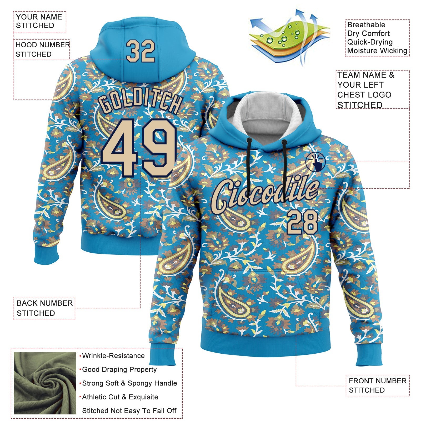 Custom Stitched Panther Blue City Cream-Brown 3D Pattern Design Ethnic Paisley Floral Bandana Sports Pullover Sweatshirt Hoodie view 2