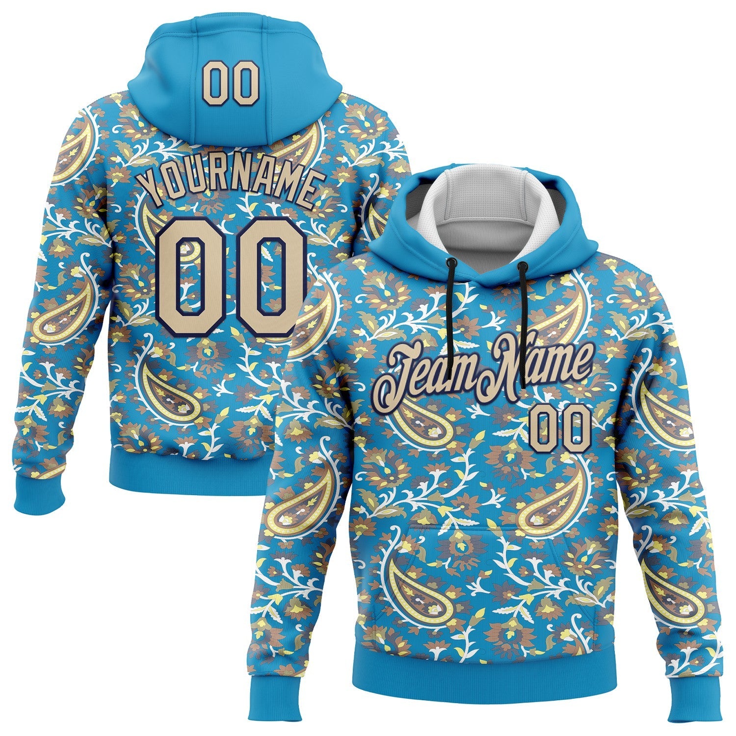 Custom Stitched Panther Blue City Cream-Brown 3D Pattern Design Ethnic Paisley Floral Bandana Sports Pullover Sweatshirt Hoodie - Main View