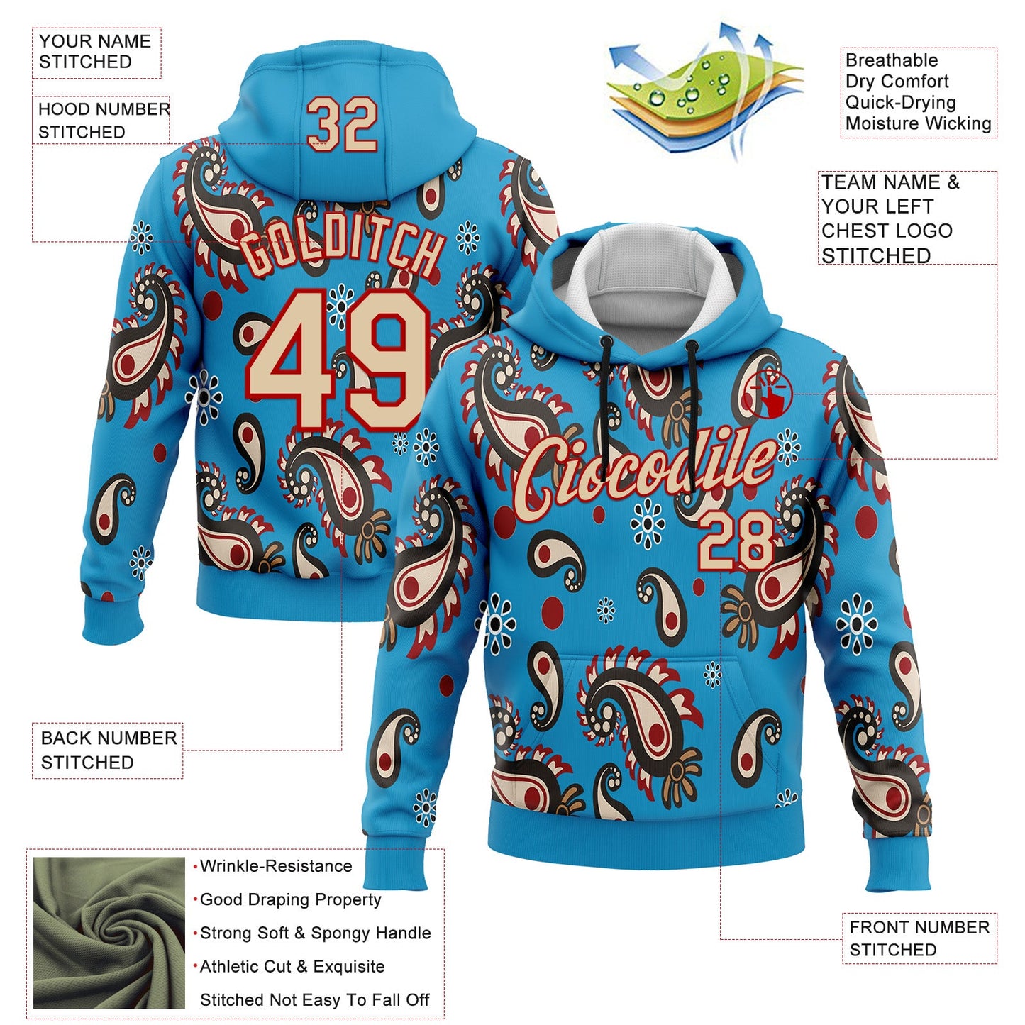 Custom Stitched Panther Blue City Cream-Red 3D Pattern Design Ethnic Paisley Floral Bandana Sports Pullover Sweatshirt Hoodie view 2