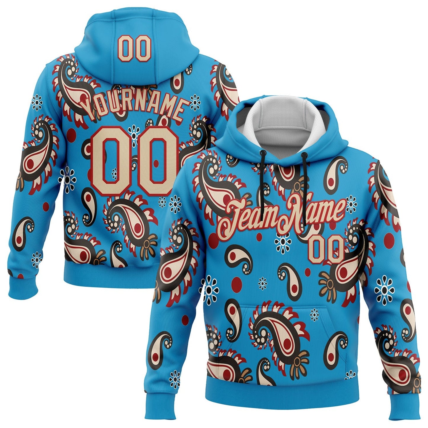 Custom Stitched Panther Blue City Cream-Red 3D Pattern Design Ethnic Paisley Floral Bandana Sports Pullover Sweatshirt Hoodie - Main View
