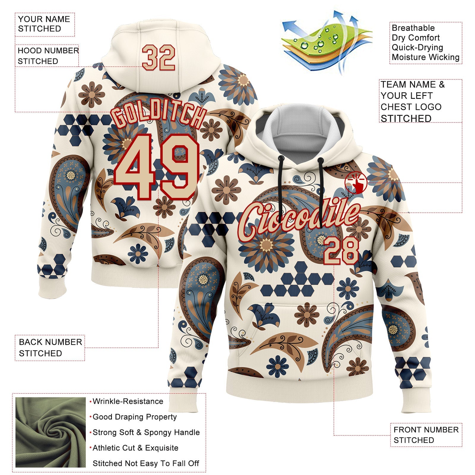 Custom Stitched Cream City Cream-Red 3D Pattern Design Ethnic Paisley Floral Bandana Sports Pullover Sweatshirt Hoodie view 2