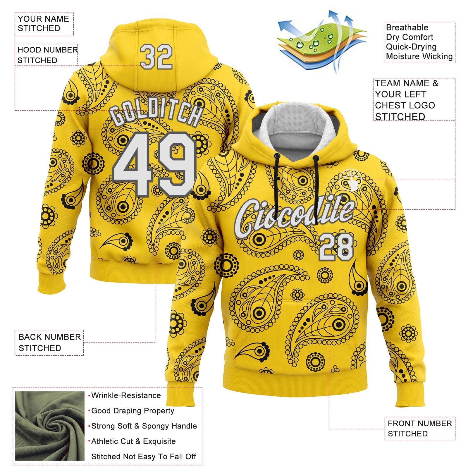 Custom Stitched Yellow White-Steel Gray 3D Pattern Design Ethnic Paisley Floral Bandana Sports Pullover Sweatshirt Hoodie view 2