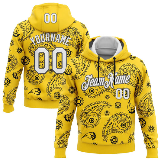 Custom Stitched Yellow White-Steel Gray 3D Pattern Design Ethnic Paisley Floral Bandana Sports Pullover Sweatshirt Hoodie - Main View