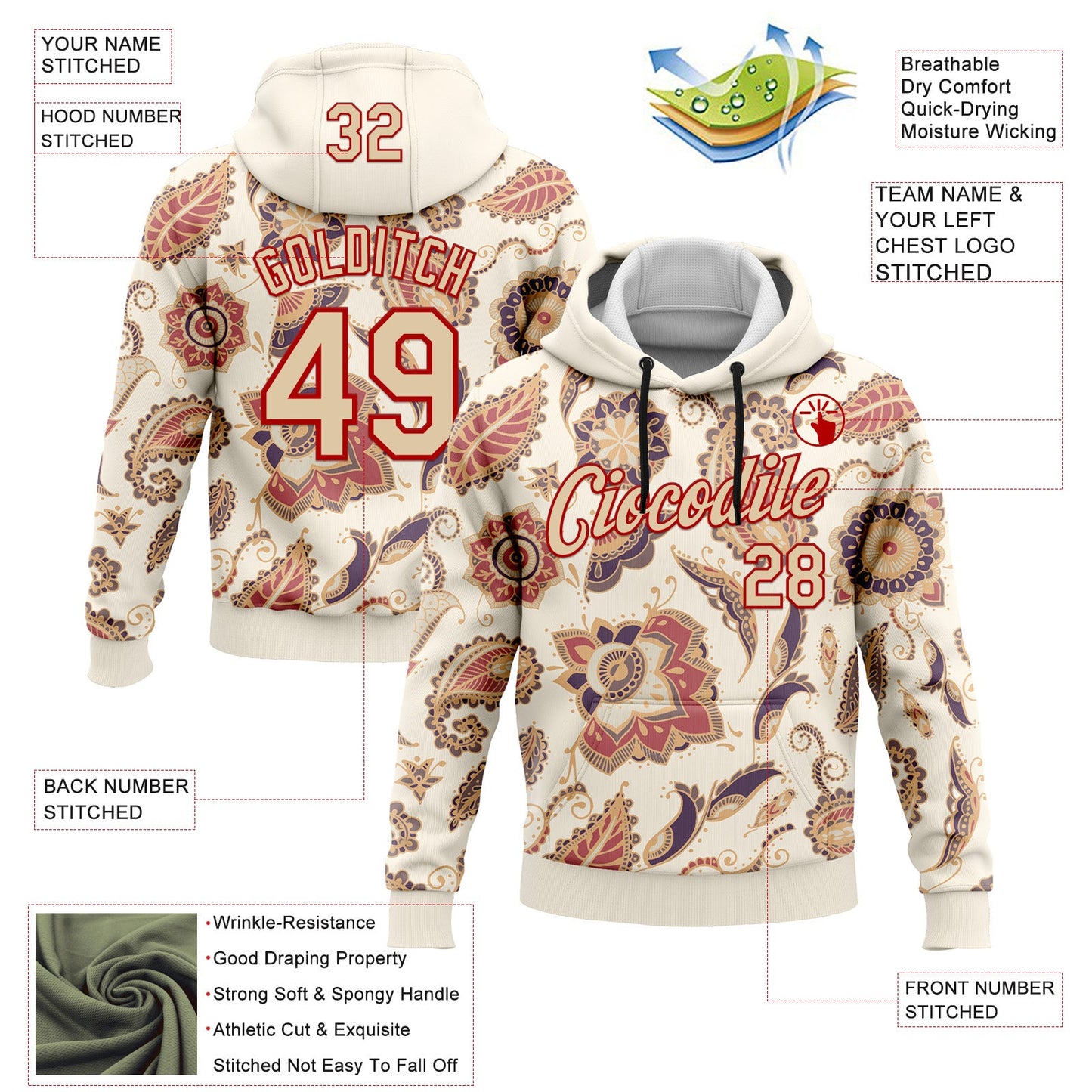 Custom Stitched Cream City Cream-Red 3D Pattern Design Ethnic Paisley Floral Bandana Sports Pullover Sweatshirt Hoodie view 2