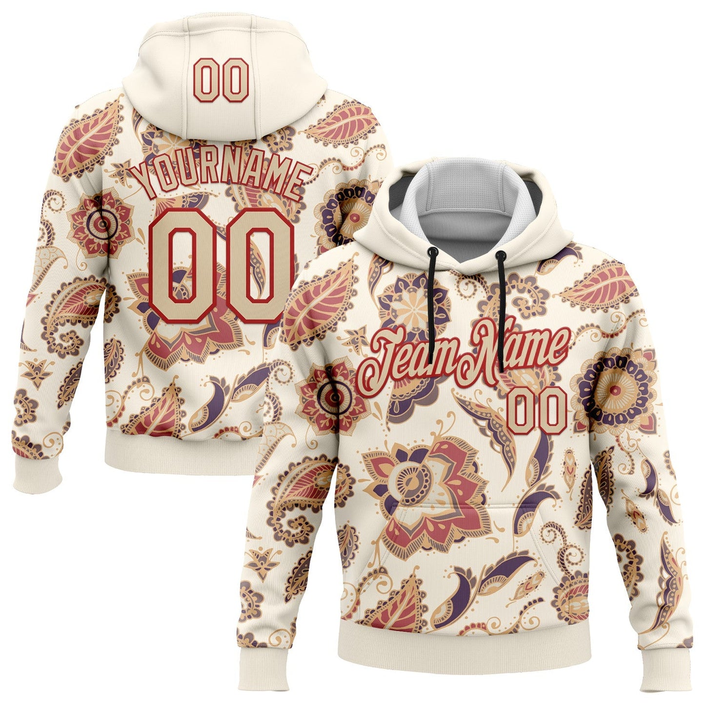 Custom Stitched Cream City Cream-Red 3D Pattern Design Ethnic Paisley Floral Bandana Sports Pullover Sweatshirt Hoodie - Main View