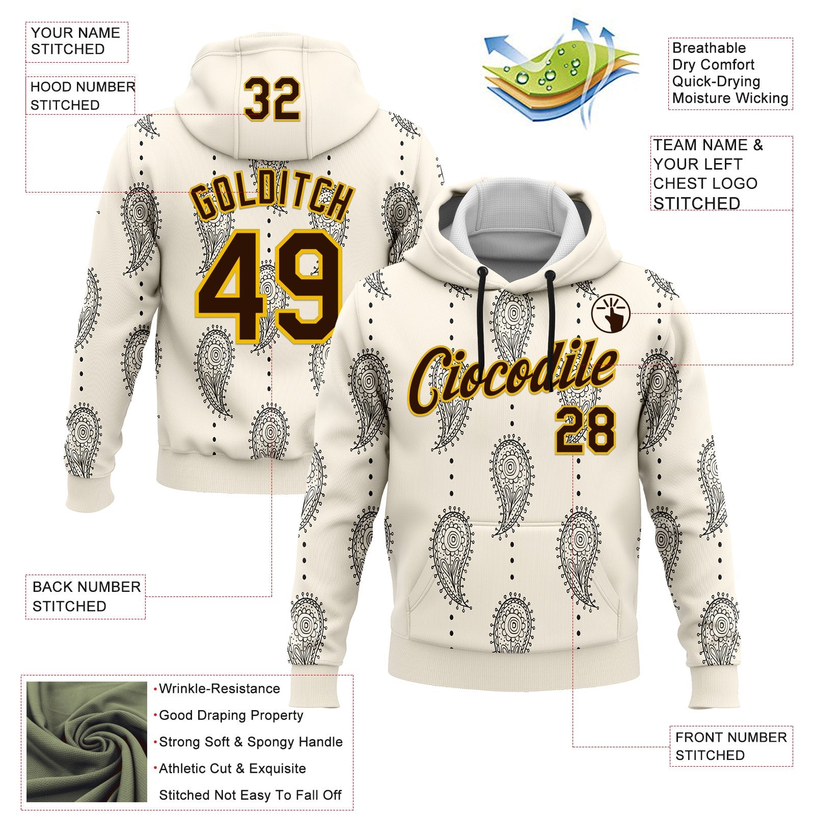 Custom Stitched Cream Brown-Yellow 3D Pattern Design Ethnic Paisley Floral Bandana Sports Pullover Sweatshirt Hoodie view 2