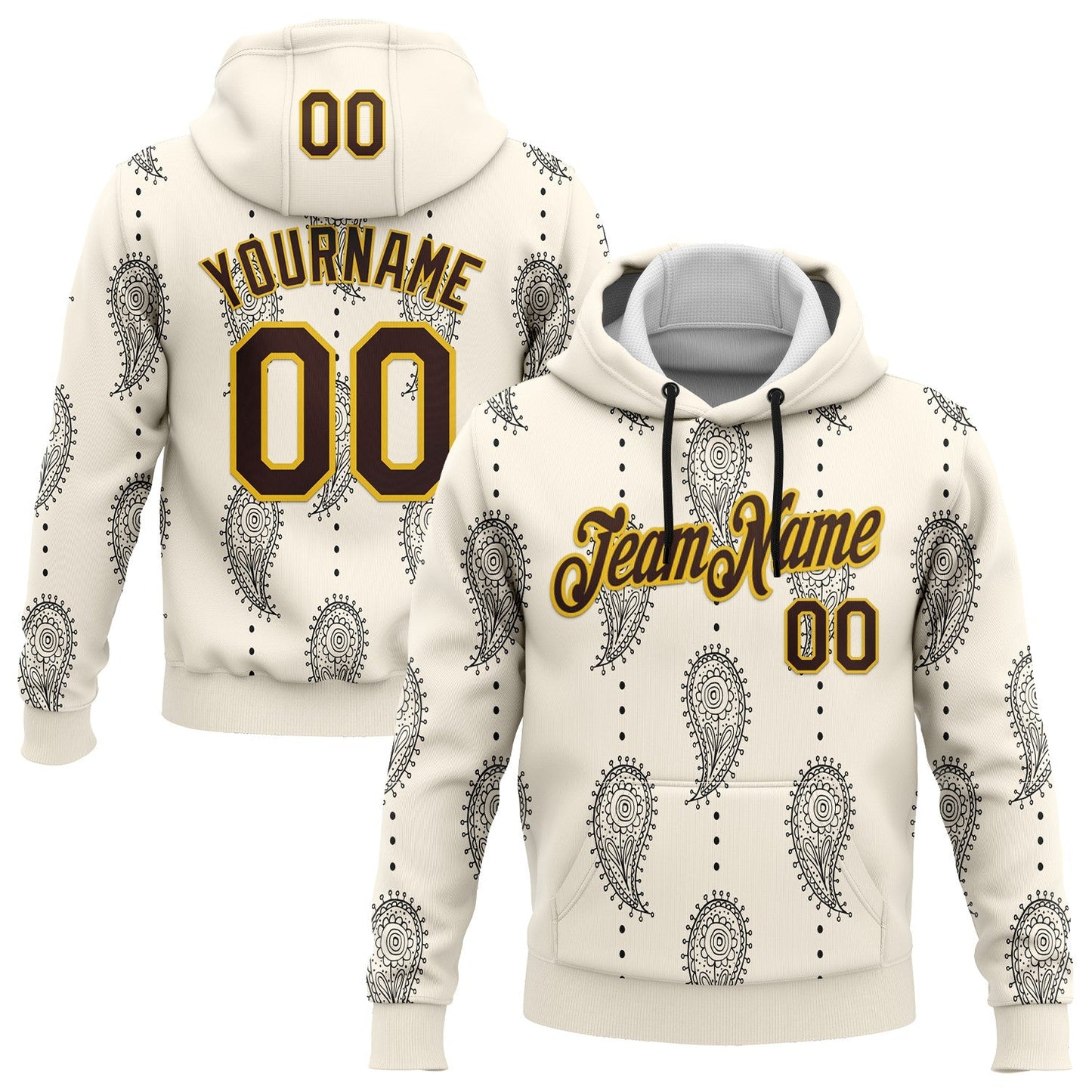 Custom Stitched Cream Brown-Yellow 3D Pattern Design Ethnic Paisley Floral Bandana Sports Pullover Sweatshirt Hoodie - Main View
