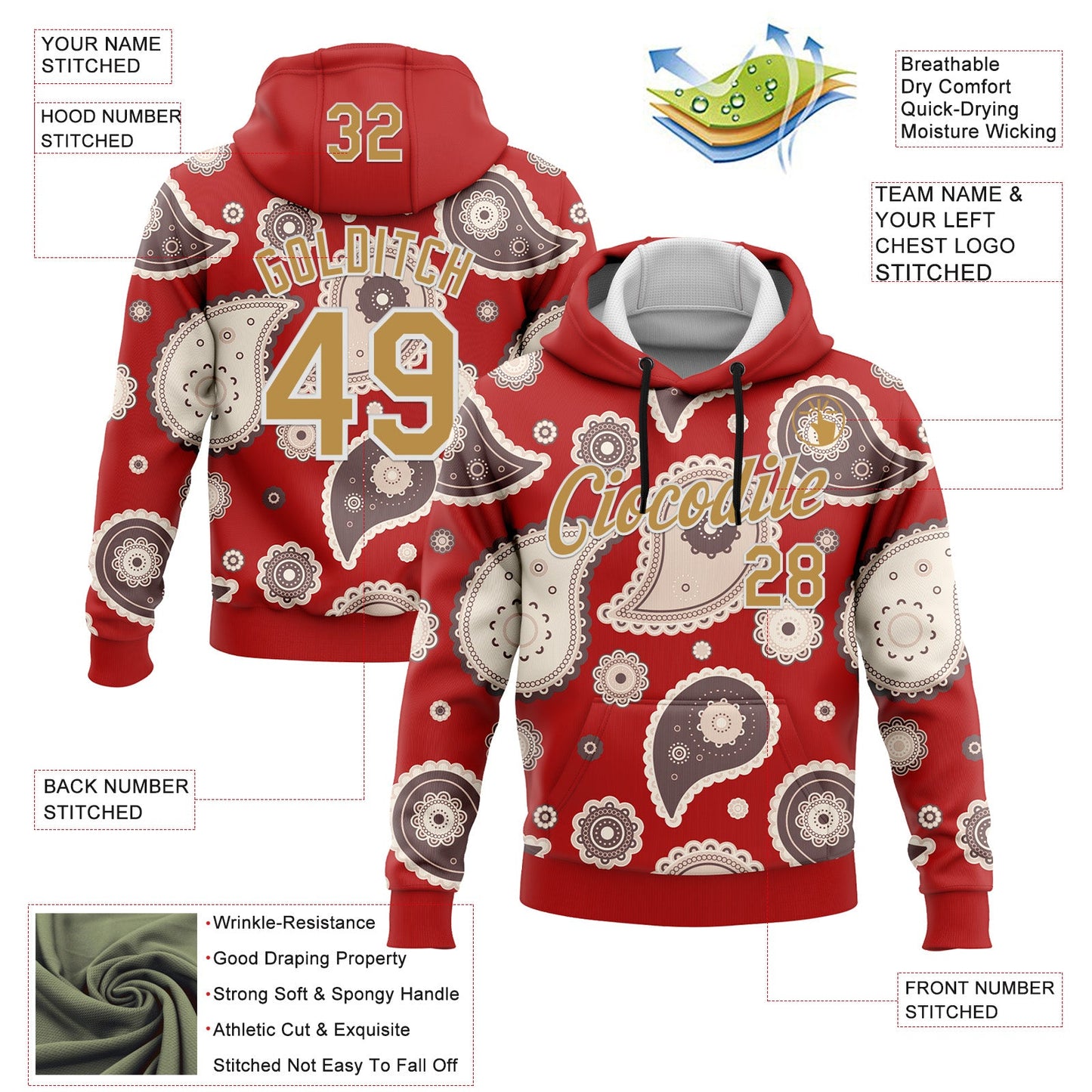 Custom Stitched Red Old Gold-White 3D Pattern Design Ethnic Paisley Floral Bandana Sports Pullover Sweatshirt Hoodie view 2