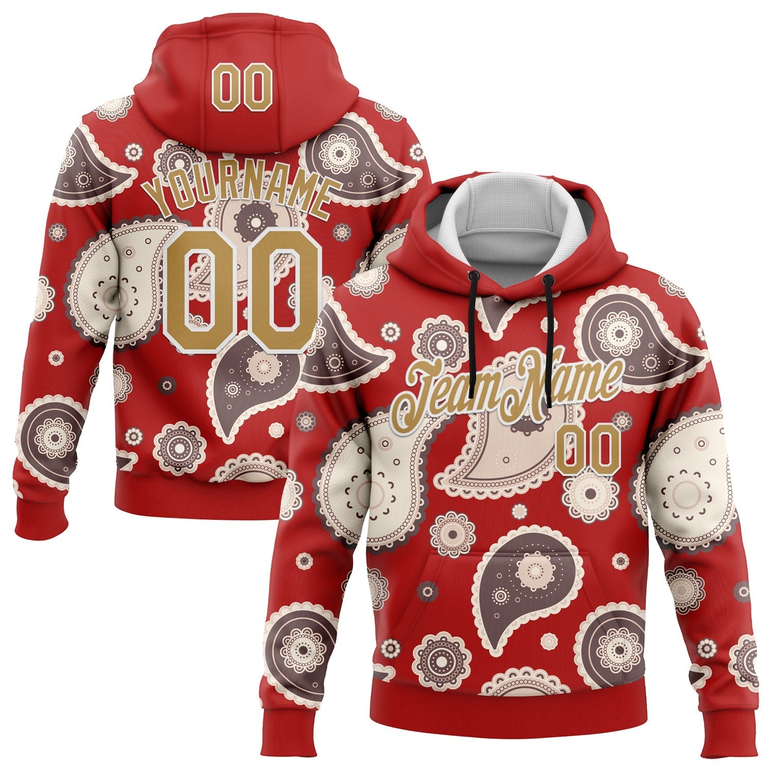 Custom Stitched Red Old Gold-White 3D Pattern Design Ethnic Paisley Floral Bandana Sports Pullover Sweatshirt Hoodie - Main View
