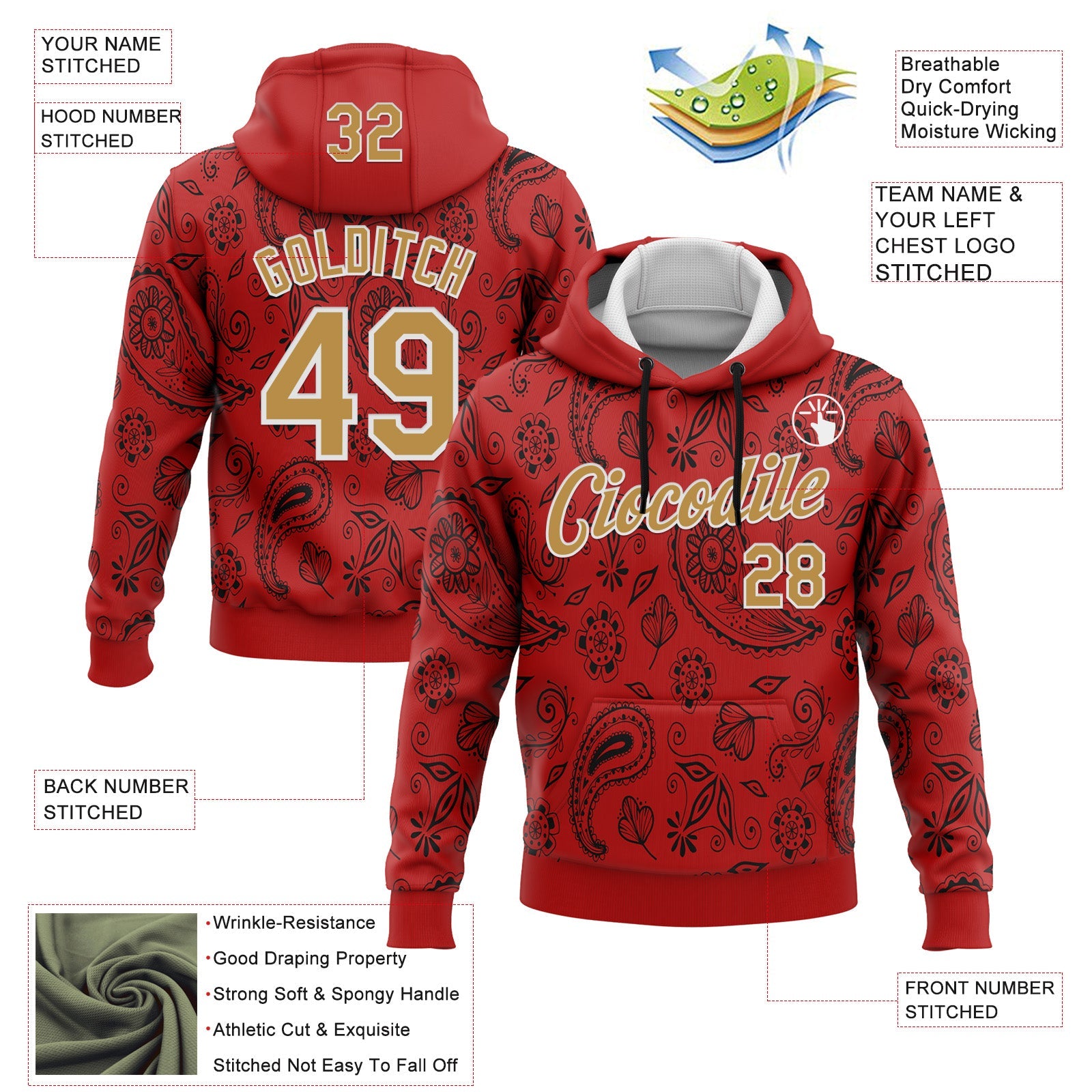 Custom Stitched Red Old Gold-White 3D Pattern Design Ethnic Paisley Floral Bandana Sports Pullover Sweatshirt Hoodie view 2