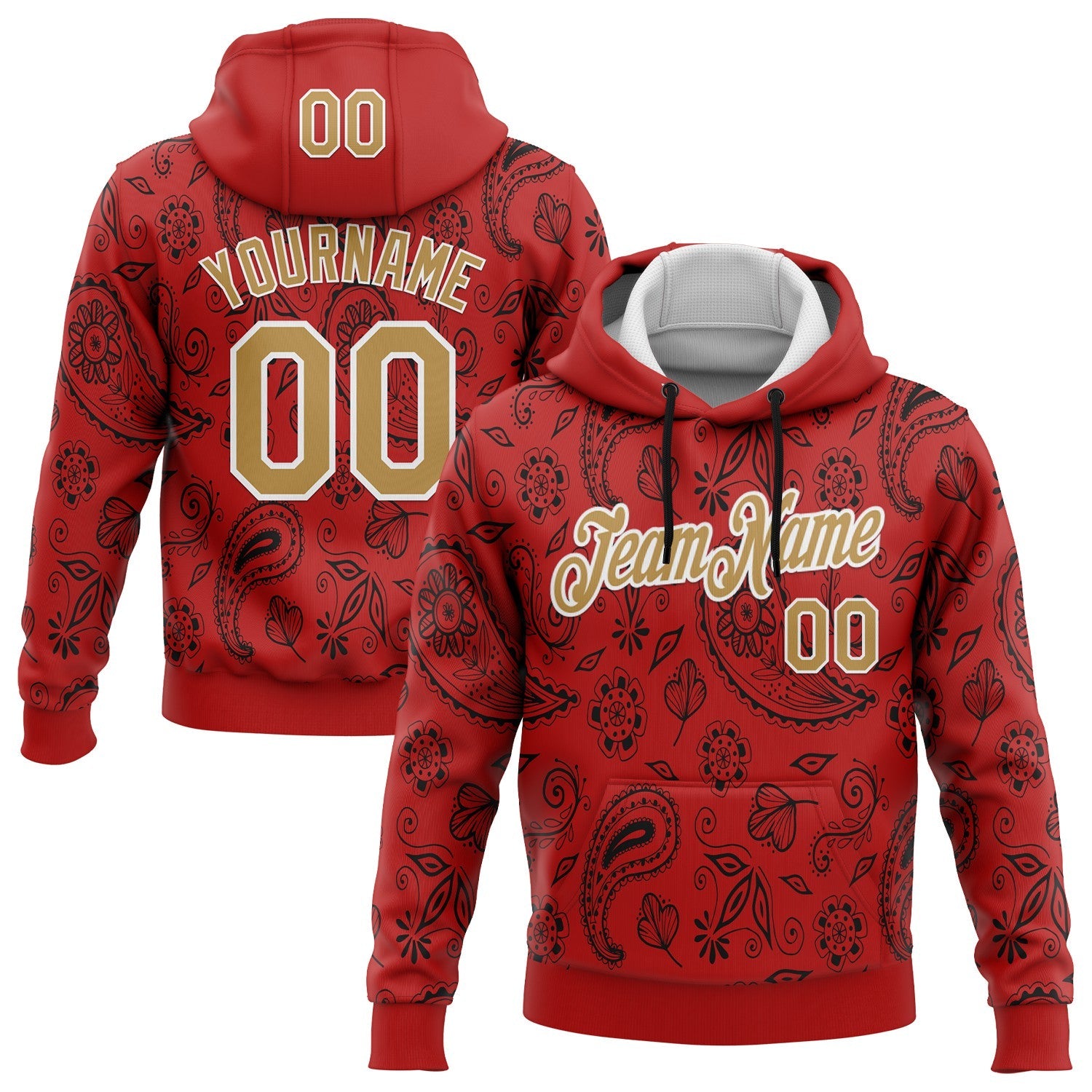 Custom Stitched Red Old Gold-White 3D Pattern Design Ethnic Paisley Floral Bandana Sports Pullover Sweatshirt Hoodie - Main View