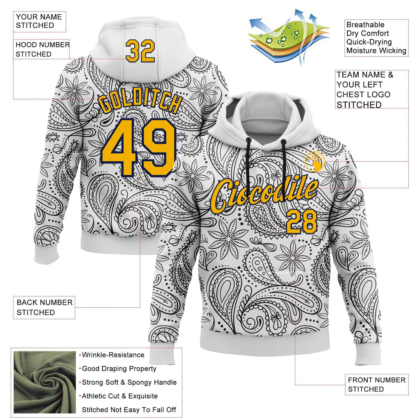 Custom Stitched White Gold-Navy 3D Pattern Design Ethnic Paisley Floral Bandana Sports Pullover Sweatshirt Hoodie view 2