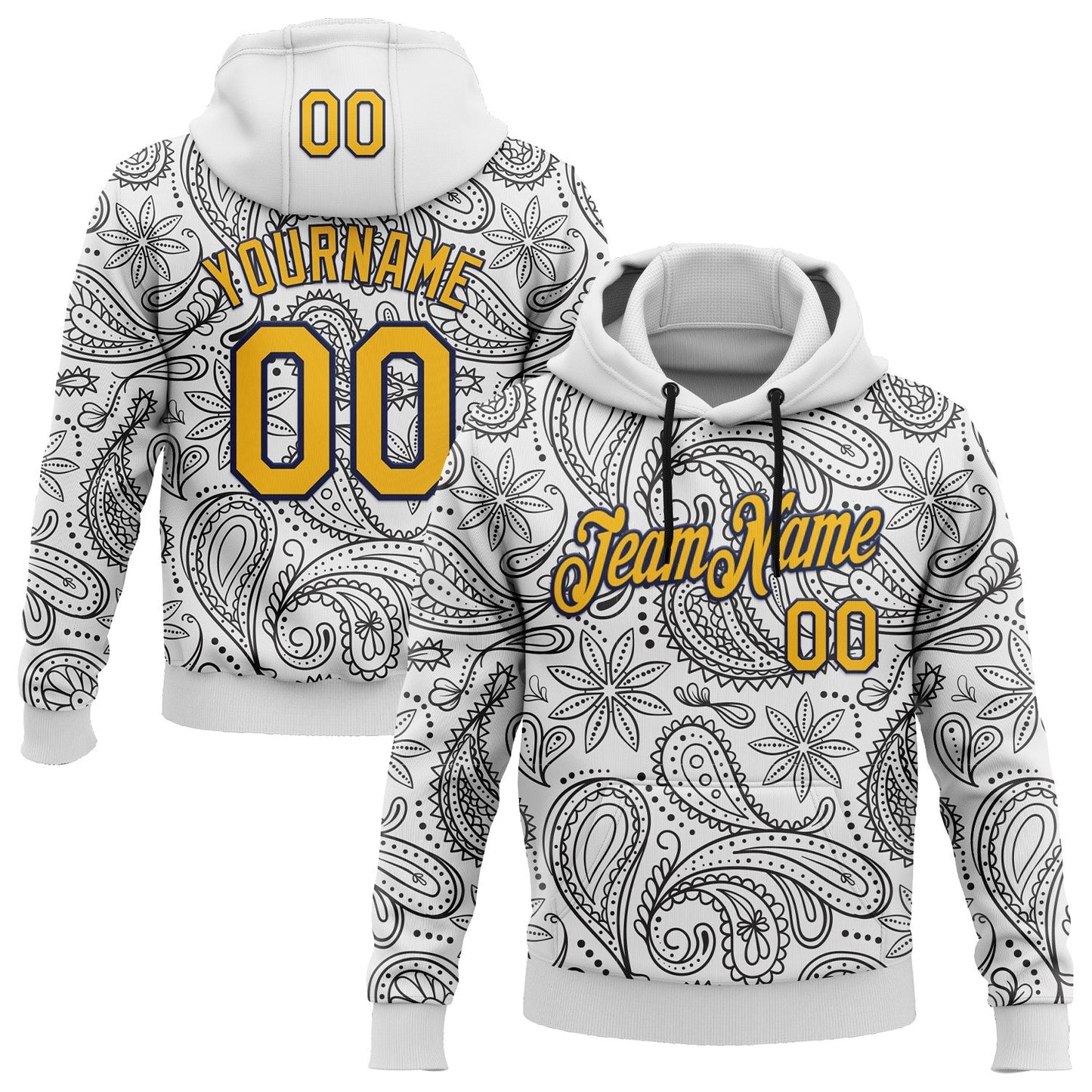 Custom Stitched White Gold-Navy 3D Pattern Design Ethnic Paisley Floral Bandana Sports Pullover Sweatshirt Hoodie - Main View