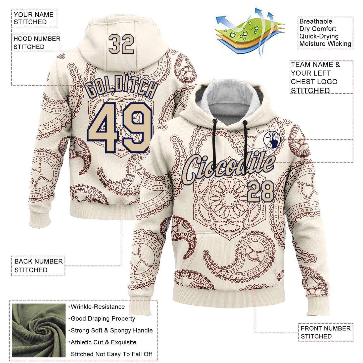 Custom Stitched Cream City Cream-Navy 3D Pattern Design Ethnic Paisley Floral Bandana Sports Pullover Sweatshirt Hoodie view 2