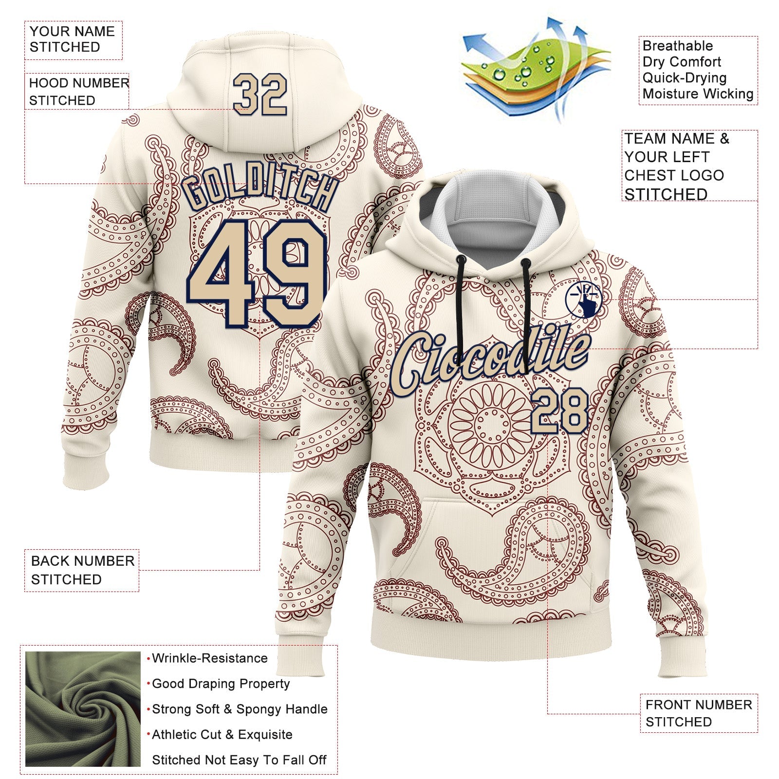 Custom Stitched Cream City Cream-Navy 3D Pattern Design Ethnic Paisley Floral Bandana Sports Pullover Sweatshirt Hoodie view 2