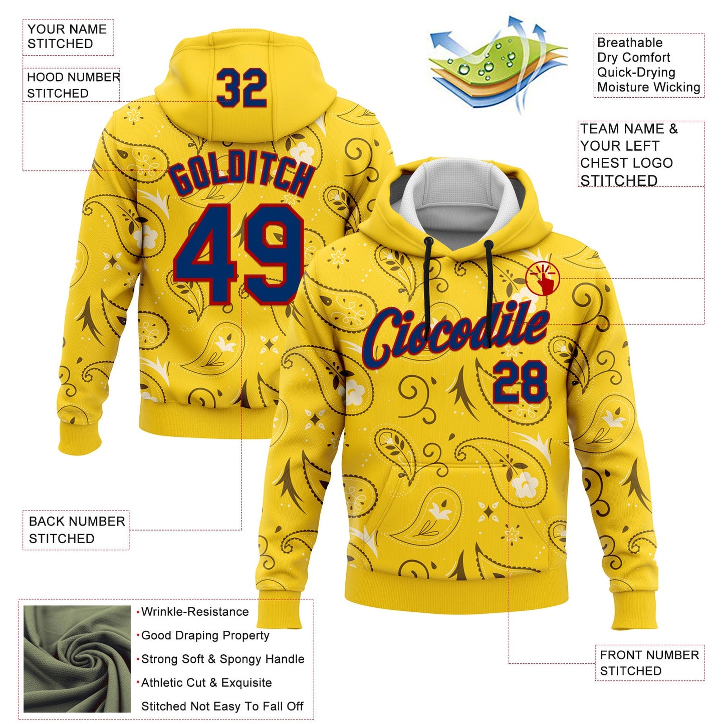 Custom Stitched Yellow US Navy Blue-Red 3D Pattern Design Ethnic Paisley Floral Bandana Sports Pullover Sweatshirt Hoodie view 2