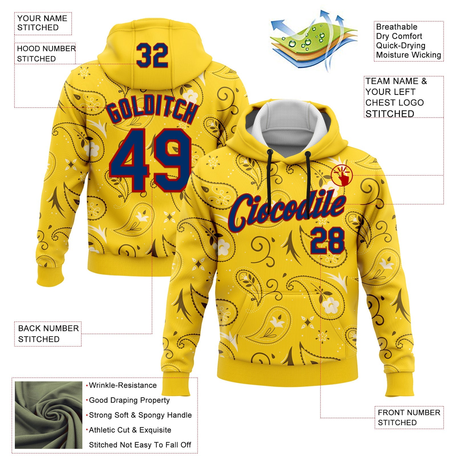 Custom Stitched Yellow US Navy Blue-Red 3D Pattern Design Ethnic Paisley Floral Bandana Sports Pullover Sweatshirt Hoodie view 2