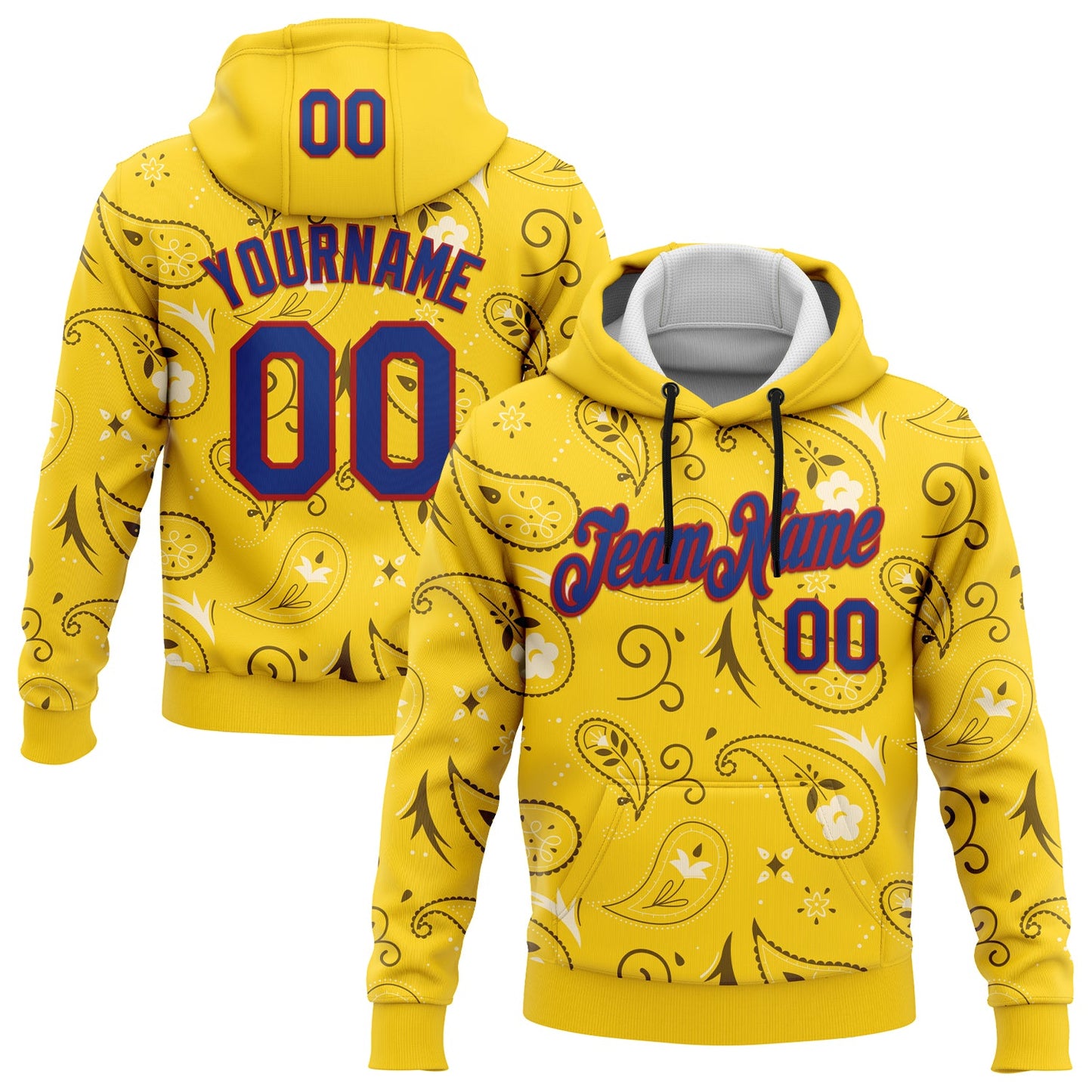 Custom Stitched Yellow US Navy Blue-Red 3D Pattern Design Ethnic Paisley Floral Bandana Sports Pullover Sweatshirt Hoodie - Main View