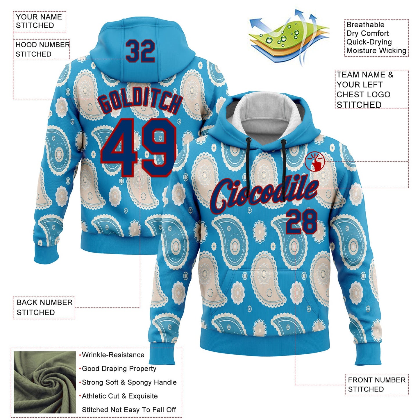 Custom Stitched Panther Blue US Navy Blue-Red 3D Pattern Design Ethnic Paisley Floral Bandana Sports Pullover Sweatshirt Hoodie view 2