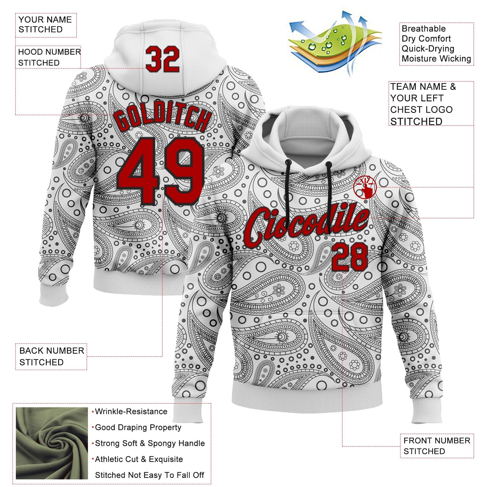 Custom Stitched White Red-Black 3D Pattern Design Ethnic Paisley Floral Bandana Sports Pullover Sweatshirt Hoodie view 2