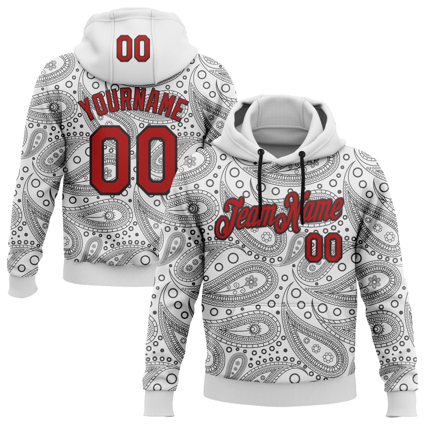 Custom Stitched White Red-Black 3D Pattern Design Ethnic Paisley Floral Bandana Sports Pullover Sweatshirt Hoodie - Main View