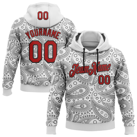 Custom Stitched White Red-Black 3D Pattern Design Ethnic Paisley Floral Bandana Sports Pullover Sweatshirt Hoodie - Main View