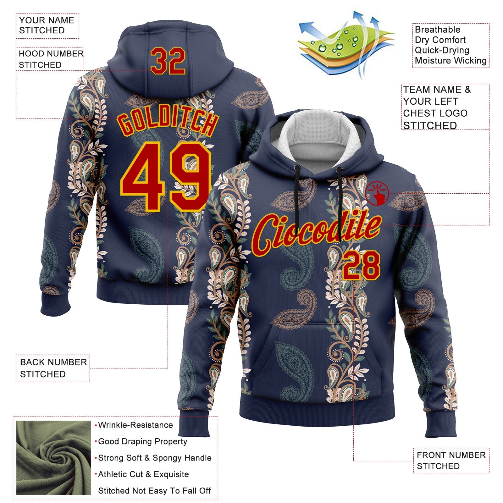 Custom Stitched Navy Red-Yellow 3D Pattern Design Ethnic Paisley Floral Bandana Sports Pullover Sweatshirt Hoodie view 2