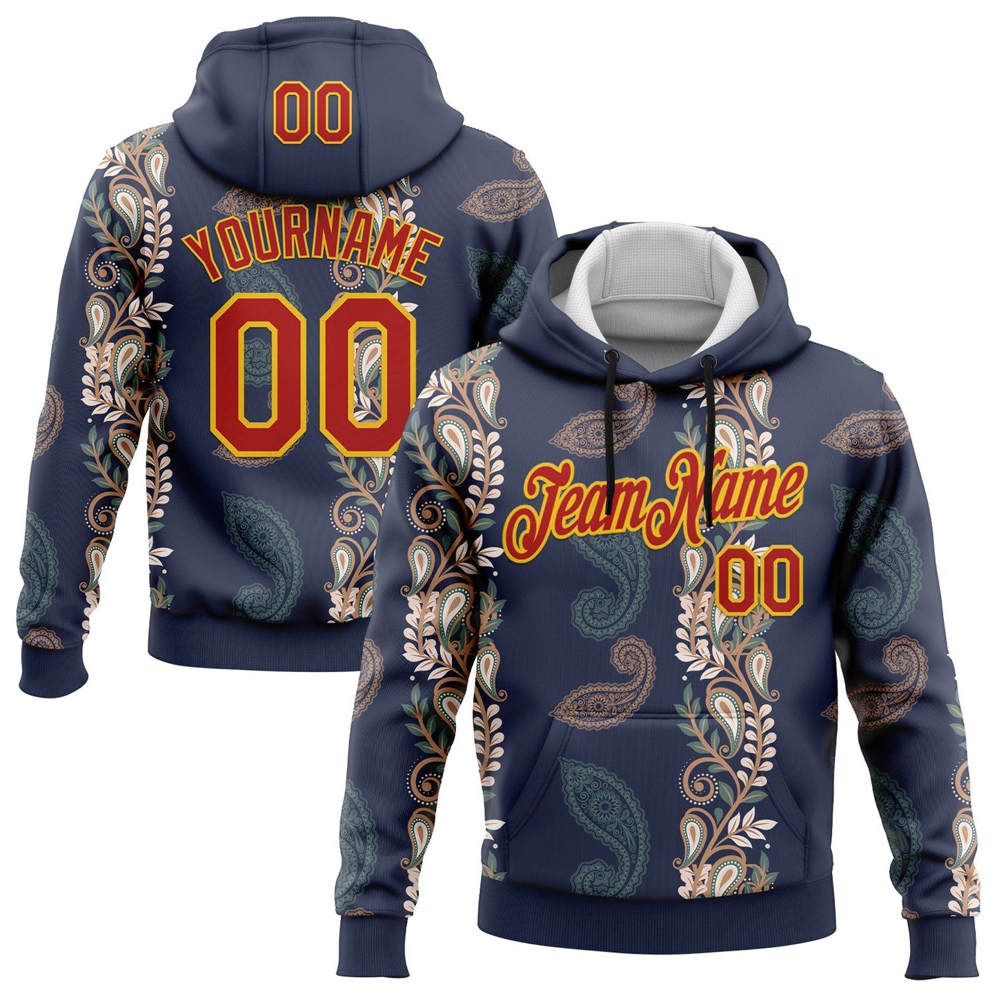 Custom Stitched Navy Red-Yellow 3D Pattern Design Ethnic Paisley Floral Bandana Sports Pullover Sweatshirt Hoodie - Main View