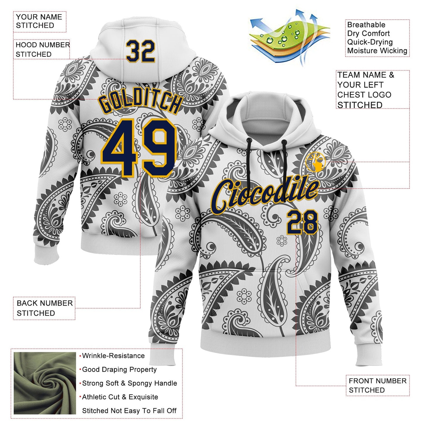 Custom Stitched White Navy-Gold 3D Pattern Design Ethnic Paisley Floral Bandana Sports Pullover Sweatshirt Hoodie view 2
