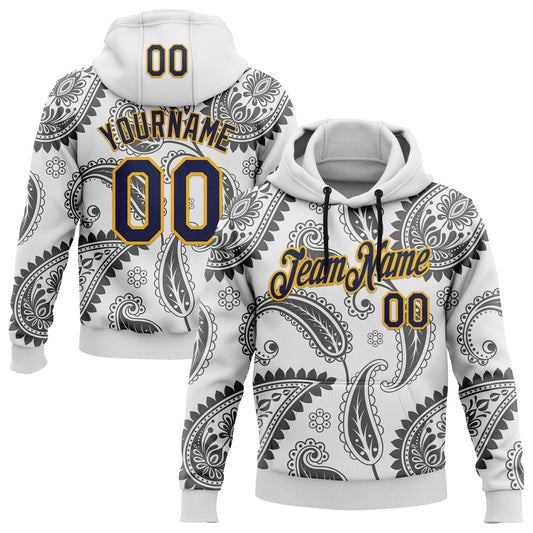 Custom Stitched White Navy-Gold 3D Pattern Design Ethnic Paisley Floral Bandana Sports Pullover Sweatshirt Hoodie - Main View