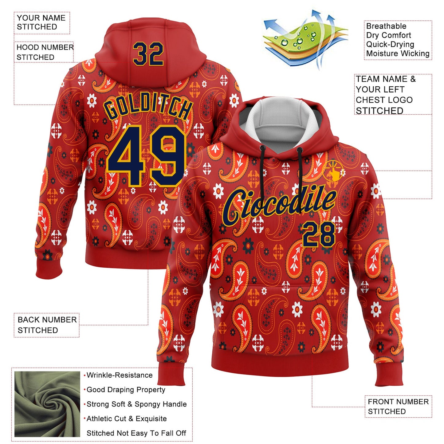 Custom Stitched Red Navy-Gold 3D Pattern Design Ethnic Paisley Floral Bandana Sports Pullover Sweatshirt Hoodie view 2