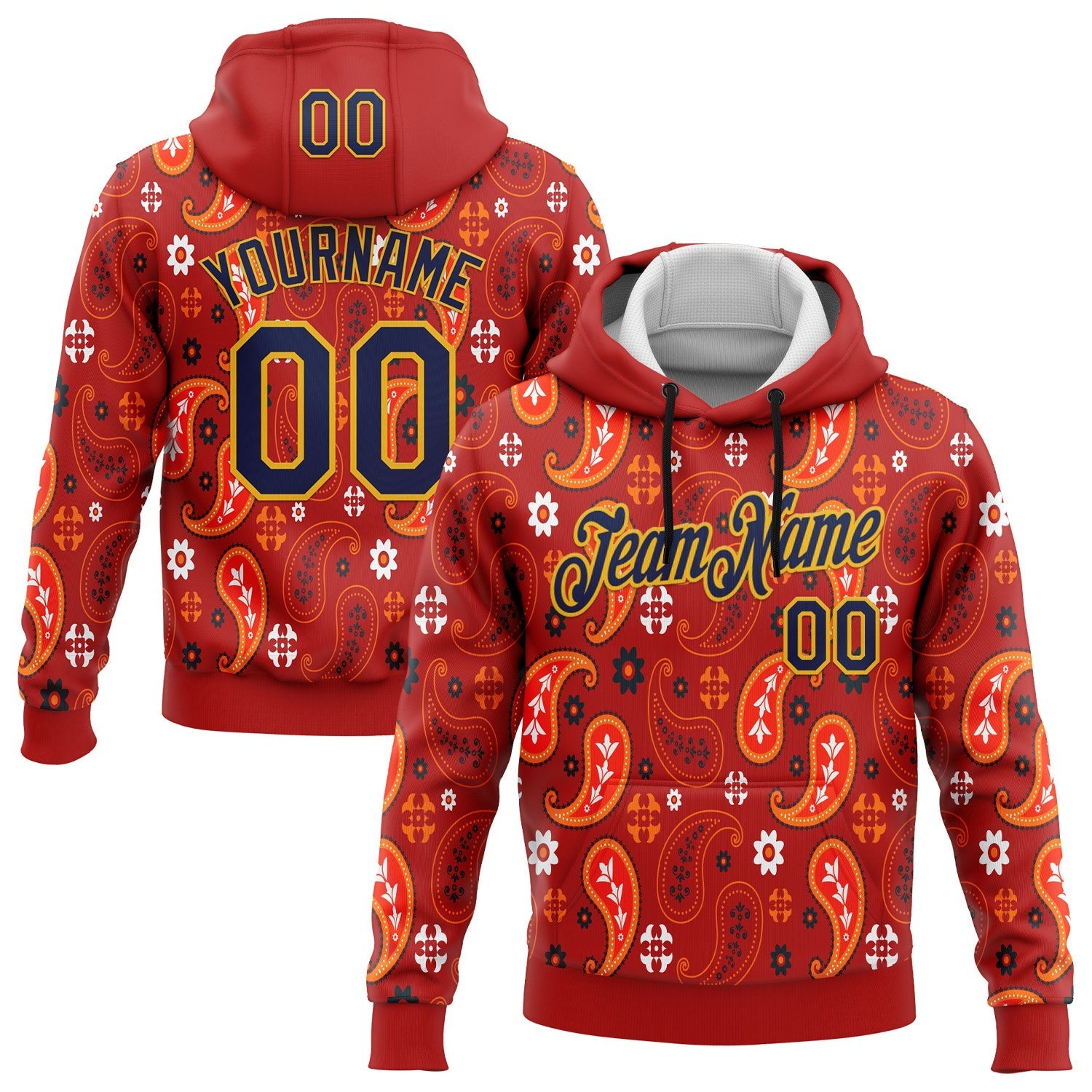 Custom Stitched Red Navy-Gold 3D Pattern Design Ethnic Paisley Floral Bandana Sports Pullover Sweatshirt Hoodie - Main View