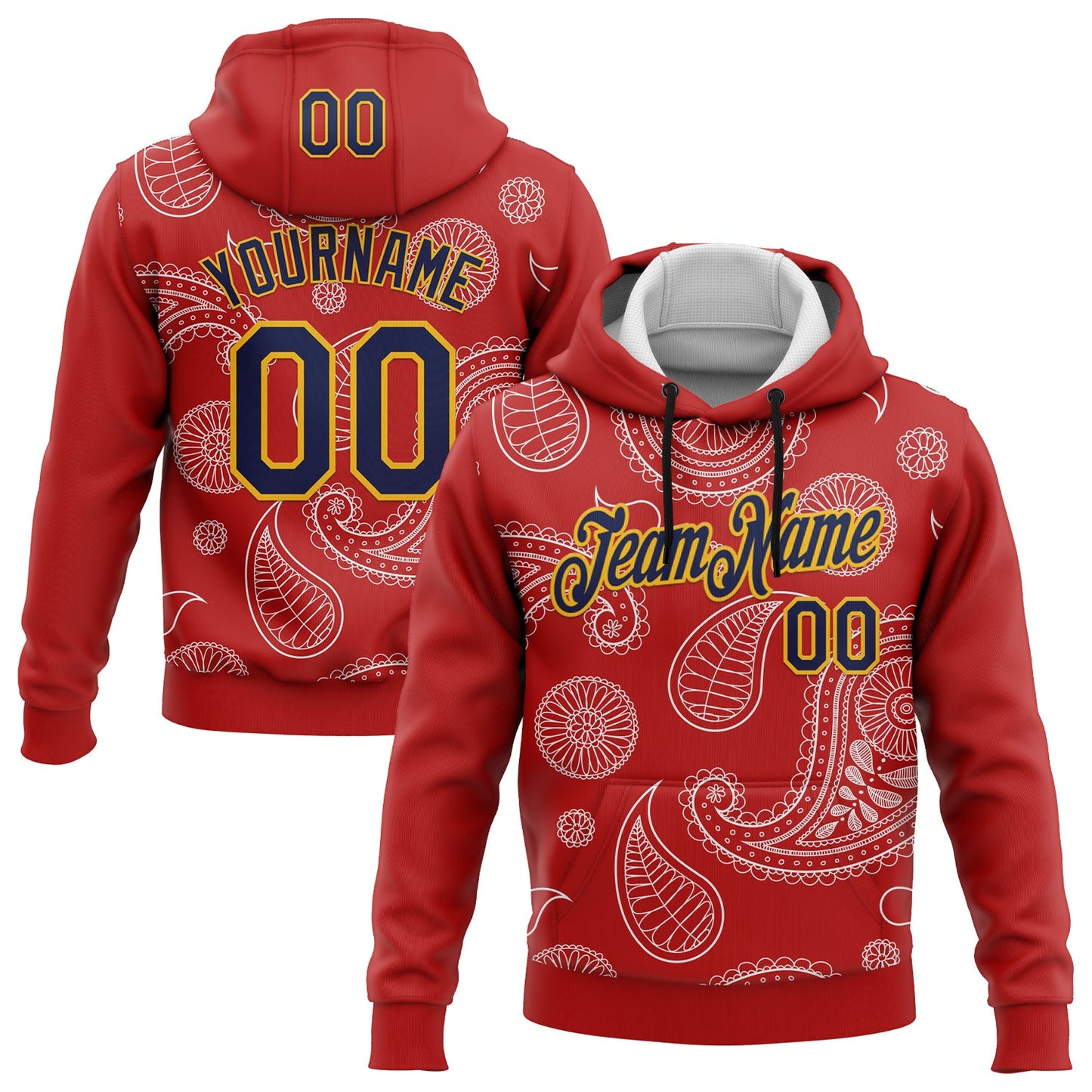 Custom Stitched Red Navy-Gold 3D Pattern Design Ethnic Paisley Floral Bandana Sports Pullover Sweatshirt Hoodie - Main View