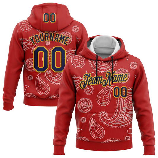 Custom Stitched Red Navy-Gold 3D Pattern Design Ethnic Paisley Floral Bandana Sports Pullover Sweatshirt Hoodie - Main View