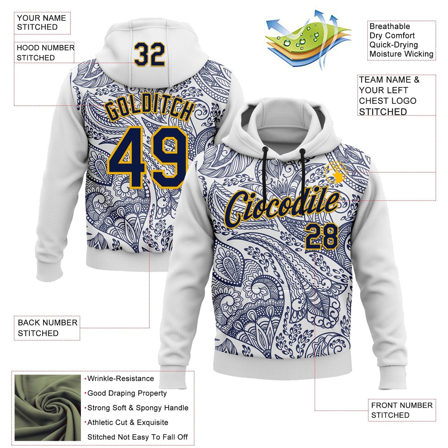Custom Stitched White Navy-Gold 3D Pattern Design Ethnic Paisley Floral Bandana Sports Pullover Sweatshirt Hoodie view 2