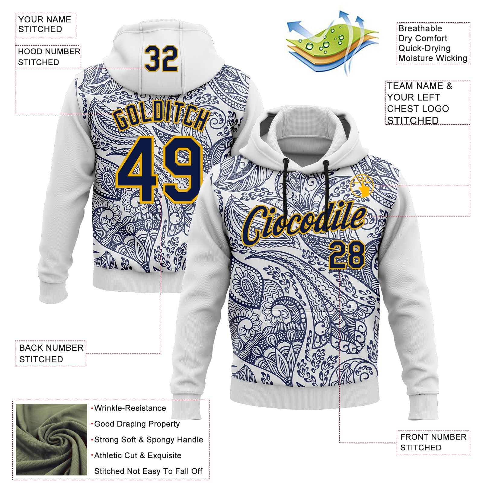 Custom Stitched White Navy-Gold 3D Pattern Design Ethnic Paisley Floral Bandana Sports Pullover Sweatshirt Hoodie view 2
