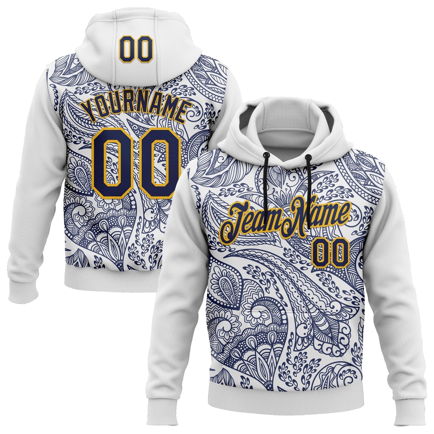 Custom Stitched White Navy-Gold 3D Pattern Design Ethnic Paisley Floral Bandana Sports Pullover Sweatshirt Hoodie - Main View