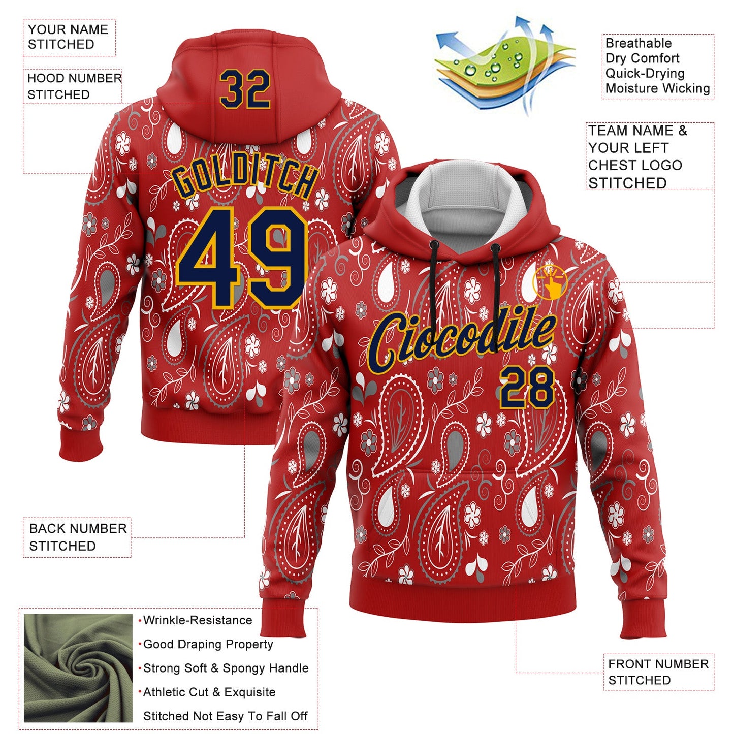 Custom Stitched Red Navy-Gold 3D Pattern Design Ethnic Paisley Floral Bandana Sports Pullover Sweatshirt Hoodie view 2