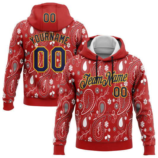 Custom Stitched Red Navy-Gold 3D Pattern Design Ethnic Paisley Floral Bandana Sports Pullover Sweatshirt Hoodie - Main View