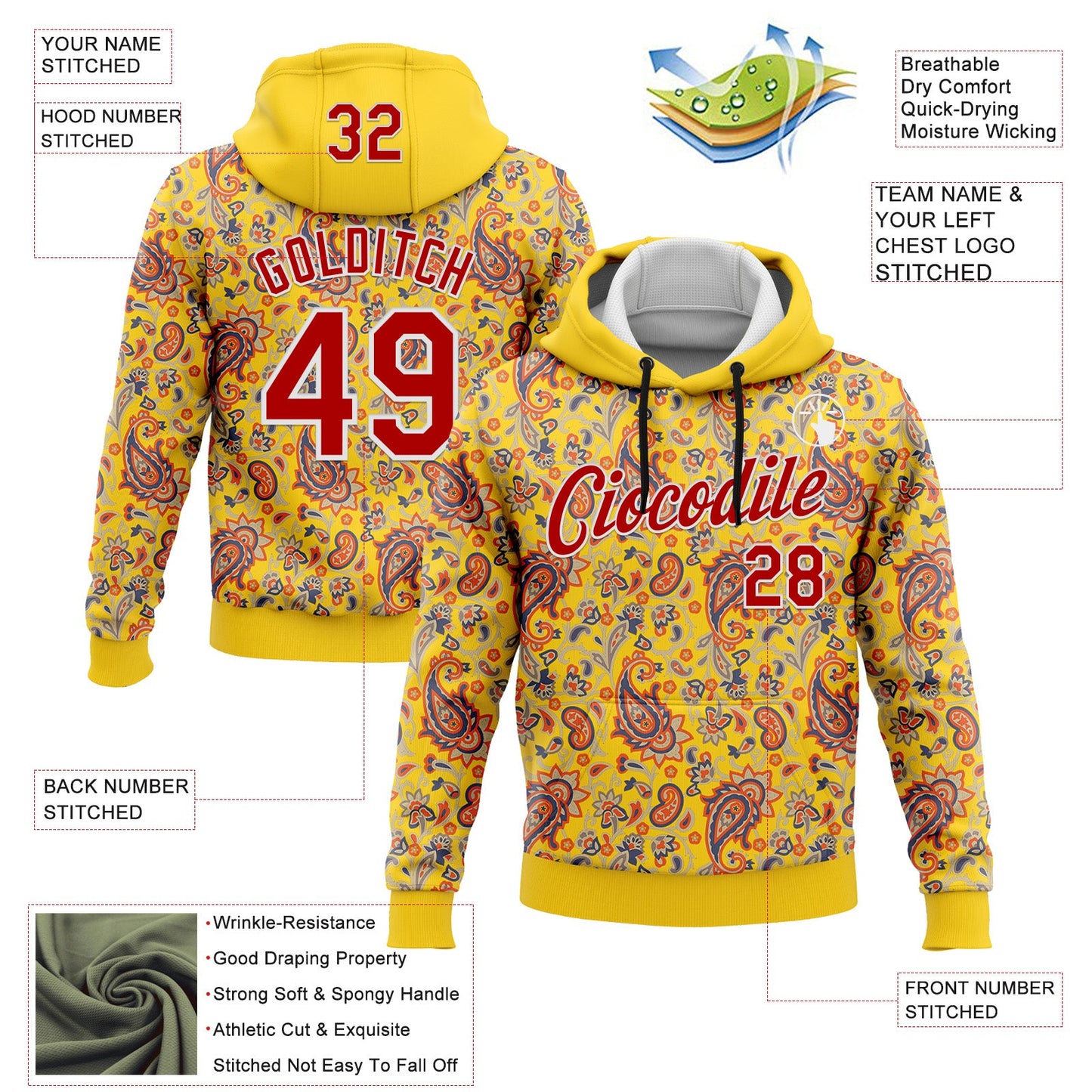 Custom Stitched Yellow Red-White 3D Pattern Design Ethnic Paisley Floral Bandana Sports Pullover Sweatshirt Hoodie view 2