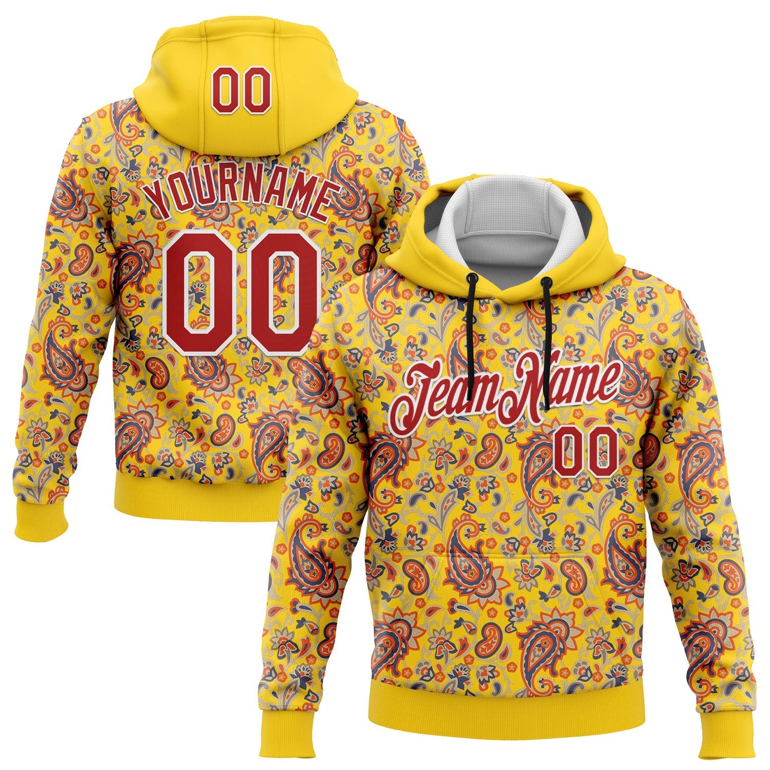 Custom Stitched Yellow Red-White 3D Pattern Design Ethnic Paisley Floral Bandana Sports Pullover Sweatshirt Hoodie - Main View