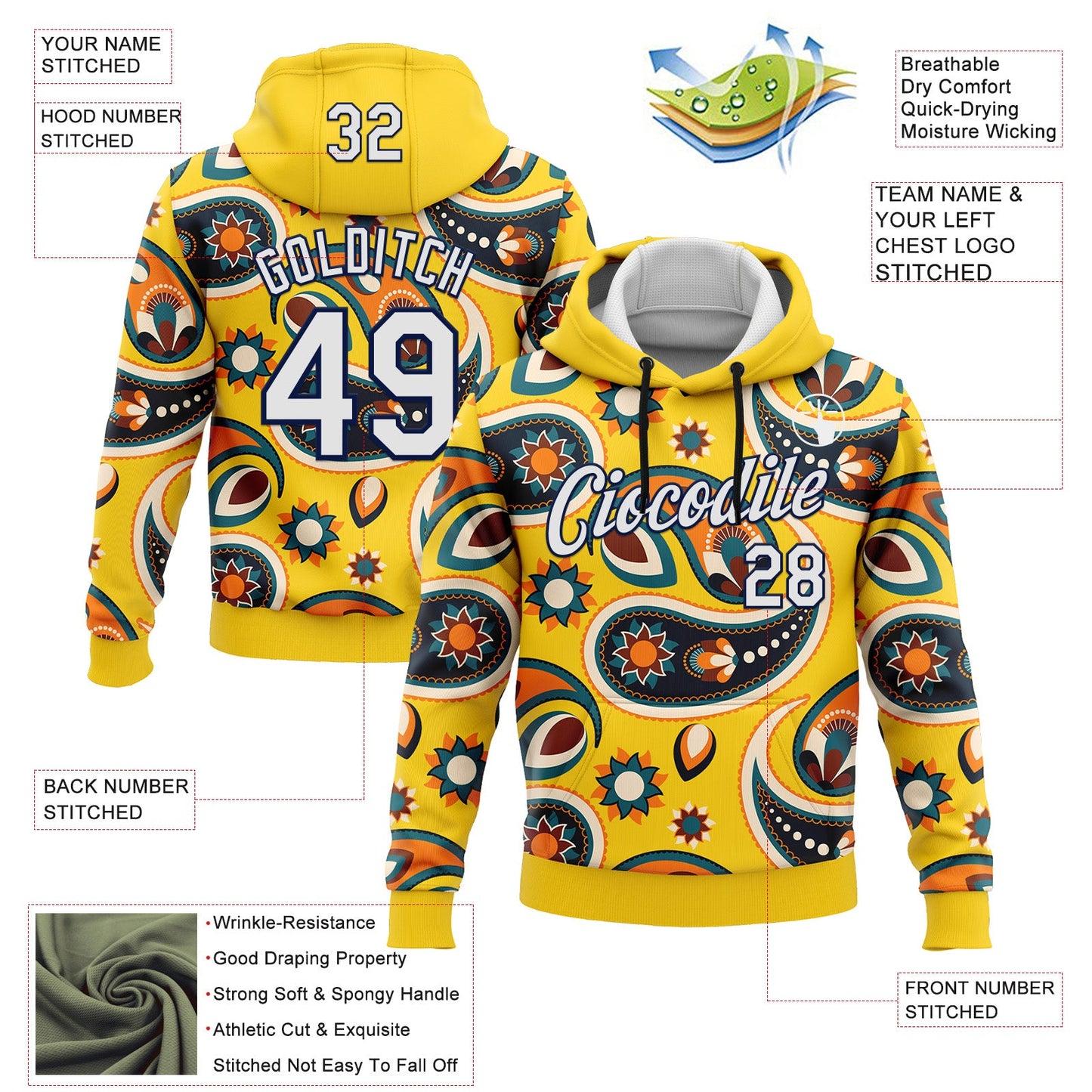 Custom Stitched Yellow White-Navy 3D Pattern Design Ethnic Paisley Floral Bandana Sports Pullover Sweatshirt Hoodie view 2