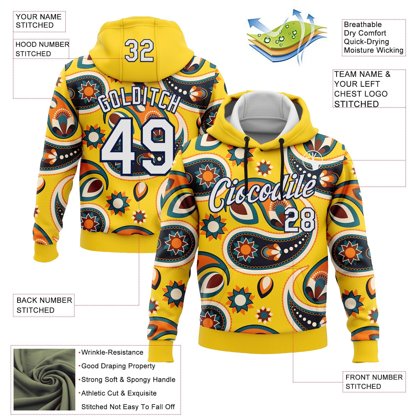 Custom Stitched Yellow White-Navy 3D Pattern Design Ethnic Paisley Floral Bandana Sports Pullover Sweatshirt Hoodie view 2