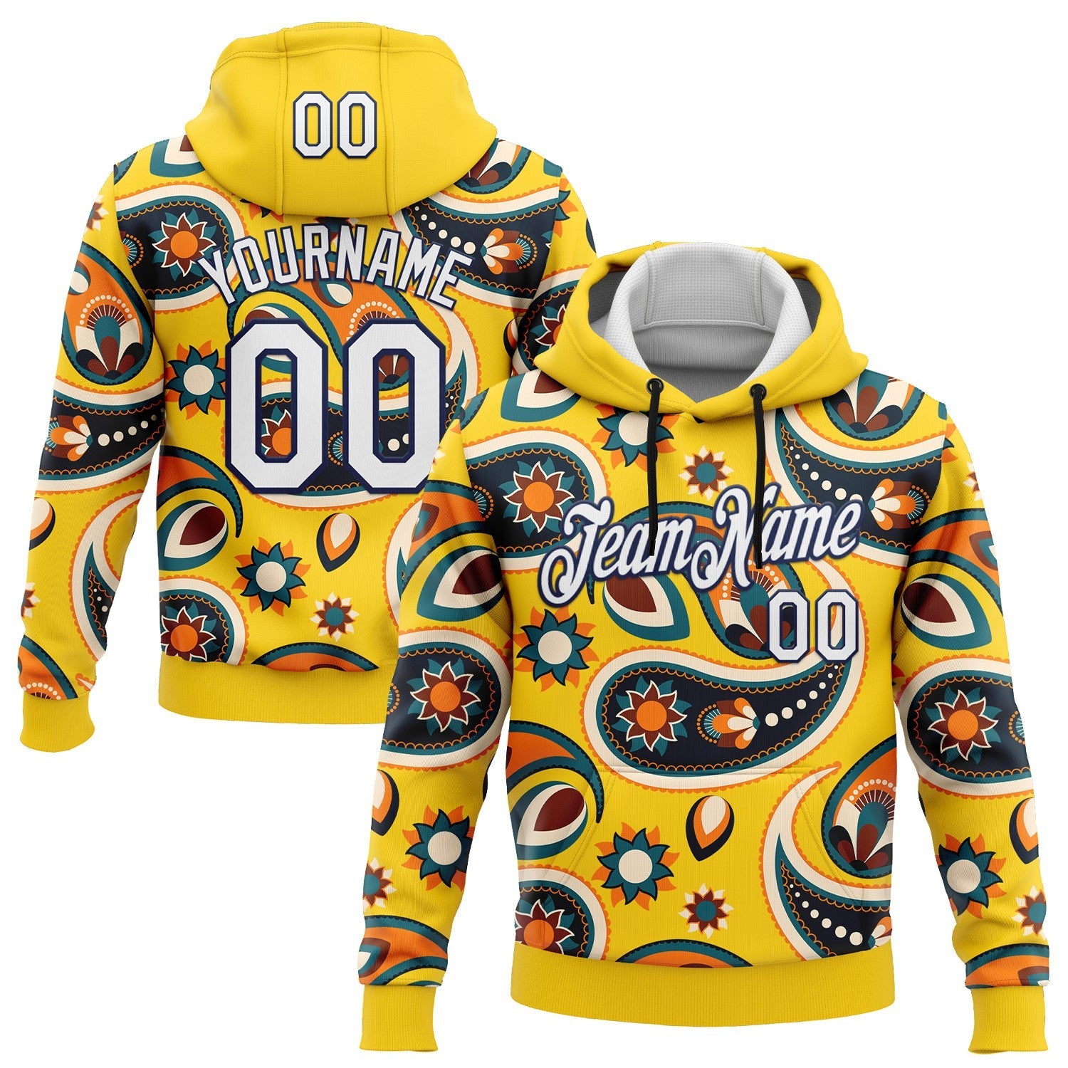 Custom Stitched Yellow White-Navy 3D Pattern Design Ethnic Paisley Floral Bandana Sports Pullover Sweatshirt Hoodie - Main View